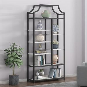 loomie 8-open shelf bookshelf, 70.87" h x 31.5" l lux etagere bookcase, tall storage display modern open book case for bedroom, home office & living room, black finish metal frame & white shelving