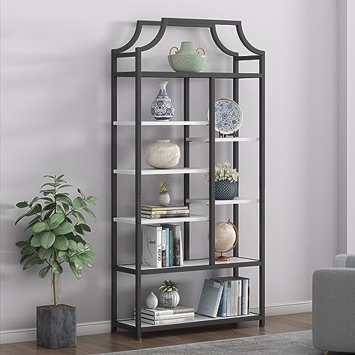 Loomie 8-Open Shelf Bookshelf, 70.87" H x 31.5" L Lux Etagere Bookcase, Tall Storage Display Modern Open Book Case for Bedroom, Home Office & Living Room, Black Finish Metal Frame & White Shelving