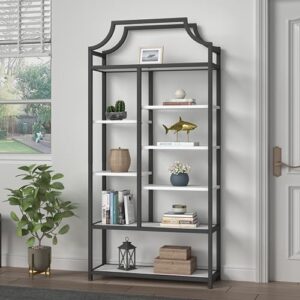 Loomie 8-Open Shelf Bookshelf, 70.87" H x 31.5" L Lux Etagere Bookcase, Tall Storage Display Modern Open Book Case for Bedroom, Home Office & Living Room, Black Finish Metal Frame & White Shelving