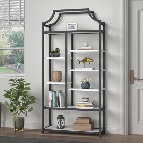 Loomie 8-Open Shelf Bookshelf, 70.87" H x 31.5" L Lux Etagere Bookcase, Tall Storage Display Modern Open Book Case for Bedroom, Home Office & Living Room, Black Finish Metal Frame & White Shelving