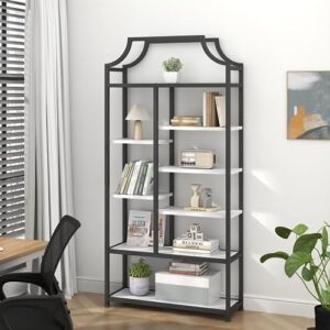 Loomie 8-Open Shelf Bookshelf, 70.87" H x 31.5" L Lux Etagere Bookcase, Tall Storage Display Modern Open Book Case for Bedroom, Home Office & Living Room, Black Finish Metal Frame & White Shelving