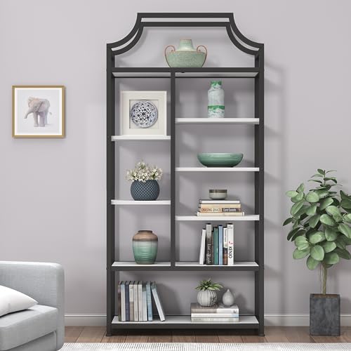 Loomie 8-Open Shelf Bookshelf, 70.87" H x 31.5" L Lux Etagere Bookcase, Tall Storage Display Modern Open Book Case for Bedroom, Home Office & Living Room, Black Finish Metal Frame & White Shelving