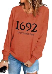 vkegnio 1692 they missed one halloween sweatshirt for women witch halloween shirts casual long sleeve witch gift pullover tops (large, orange)