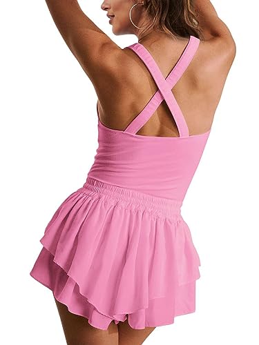 Reachlight Women's Tennis Dress Underneath Solid Color Sleeveless Athletic Workout Golf Skirts (Za-Barbie Pink, S)