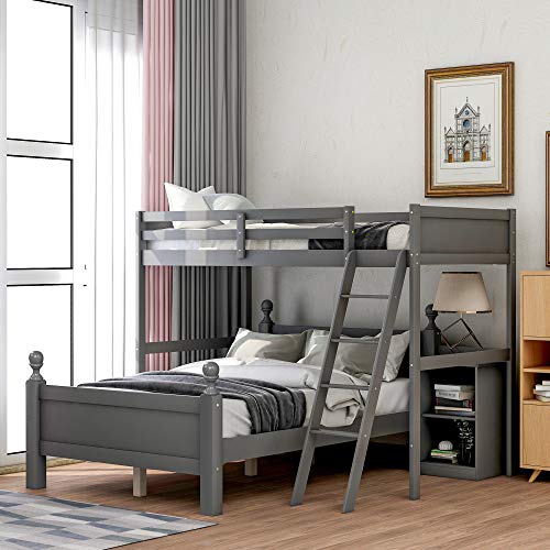 BIADNBZ Twin Over Full Loft Bed with Cabinet and Ladder for Kids/Teens/Bedroom,No Need Spring Box,Gray