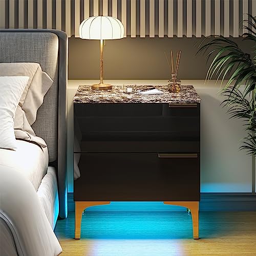 Wuden LED Nightstand with Charging Station,Vintage Faux Marble High Gloss Bedside Table with 2 Drawers,Stylish End Table with LED Lights for Bedroom and Living Room,Easy Assembly,Black