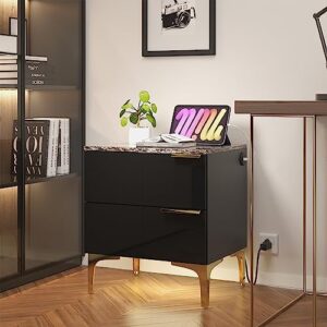 Wuden LED Nightstand with Charging Station,Vintage Faux Marble High Gloss Bedside Table with 2 Drawers,Stylish End Table with LED Lights for Bedroom and Living Room,Easy Assembly,Black