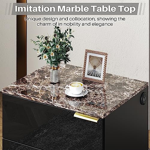 Wuden LED Nightstand with Charging Station,Vintage Faux Marble High Gloss Bedside Table with 2 Drawers,Stylish End Table with LED Lights for Bedroom and Living Room,Easy Assembly,Black