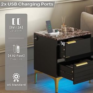 Wuden LED Nightstand with Charging Station,Vintage Faux Marble High Gloss Bedside Table with 2 Drawers,Stylish End Table with LED Lights for Bedroom and Living Room,Easy Assembly,Black