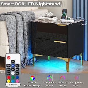 Wuden LED Nightstand with Charging Station,Vintage Faux Marble High Gloss Bedside Table with 2 Drawers,Stylish End Table with LED Lights for Bedroom and Living Room,Easy Assembly,Black