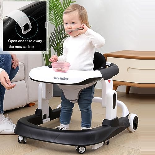 Marzviyia 4-in-1 Baby Walker with Wheels, Foldable Baby Push Walker with Adjustable Height & Speed, Standing Activity Center with Music & Lights, Black