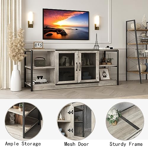 IDEALHOUSE TV Stand for 65+ Inch TV, Industrial Entertainment Center TV Media Console Table, Farmhouse TV Stand with Storage and Mesh Door, TV Console Cabinet Furniture for Living Room (Rustic Grey)