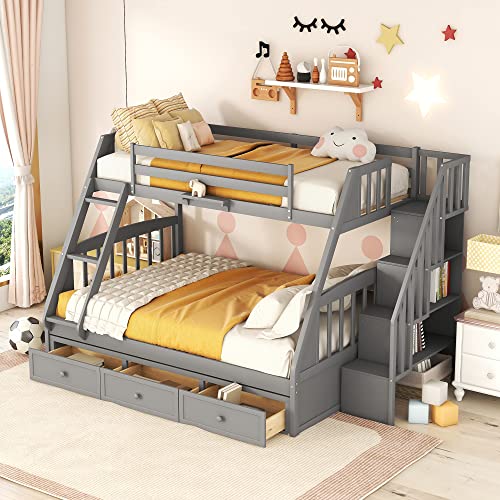 BIADNBZ Twin Over Full Bunk Bed with Stairs, Storage Drawers and Ladder, Wooden Detachable Bunkbed Convertible into 2Beds for Kids Teens Adults Bedroom, Gray