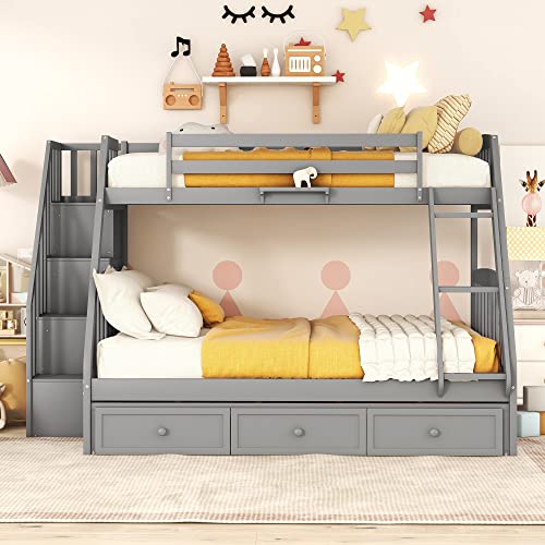 BIADNBZ Twin Over Full Bunk Bed with Stairs, Storage Drawers and Ladder, Wooden Detachable Bunkbed Convertible into 2Beds for Kids Teens Adults Bedroom, Gray