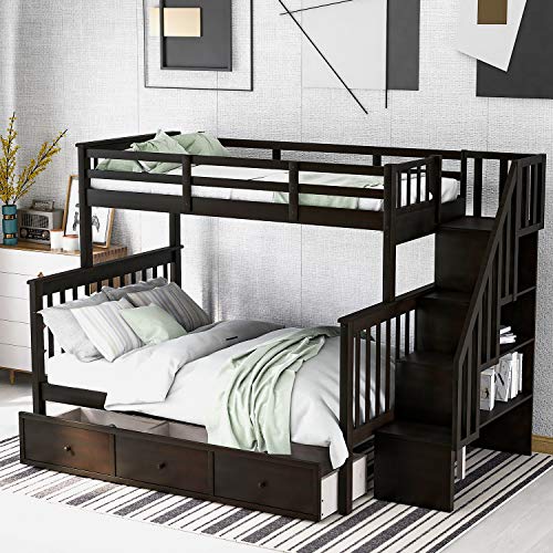 TARTOP Stairway Twin-Over-Full Bunk Bed with Drawer, Storage and Guard Rail for Bedroom, Dorm, for Kids,Teens,Adults, No Box Spring Needed,Espresso