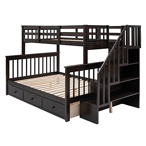 TARTOP Stairway Twin-Over-Full Bunk Bed with Drawer, Storage and Guard Rail for Bedroom, Dorm, for Kids,Teens,Adults, No Box Spring Needed,Espresso