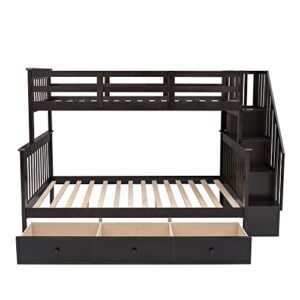 TARTOP Stairway Twin-Over-Full Bunk Bed with Drawer, Storage and Guard Rail for Bedroom, Dorm, for Kids,Teens,Adults, No Box Spring Needed,Espresso