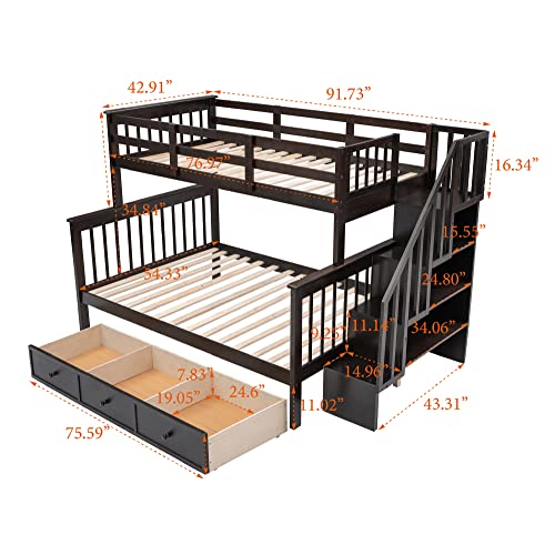 TARTOP Stairway Twin-Over-Full Bunk Bed with Drawer, Storage and Guard Rail for Bedroom, Dorm, for Kids,Teens,Adults, No Box Spring Needed,Espresso