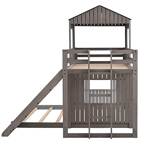 TARTOP House Bed Bunk Beds with Slide Twin Over Full Size Bunk Bed Frame with Slide,Wooden Playhouse - Design Slide Bunk Beds Twin Over Full Bunk for Boys and Girls,Gray