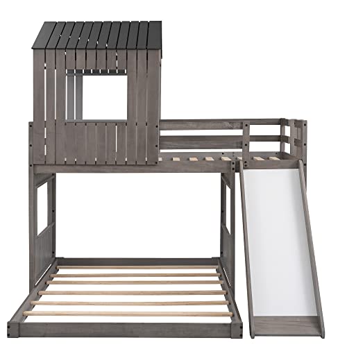 TARTOP House Bed Bunk Beds with Slide Twin Over Full Size Bunk Bed Frame with Slide,Wooden Playhouse - Design Slide Bunk Beds Twin Over Full Bunk for Boys and Girls,Gray