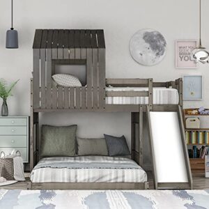 TARTOP House Bed Bunk Beds with Slide Twin Over Full Size Bunk Bed Frame with Slide,Wooden Playhouse - Design Slide Bunk Beds Twin Over Full Bunk for Boys and Girls,Gray