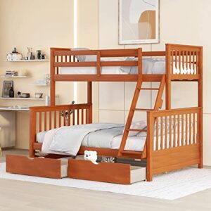 tartop bunk bed with drawers, twin over full bunk bed, solid wood bunk bed frame with ladders & 2 storage drawers, bedroom furniture,walnut