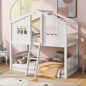 tartop twin over twin house bunk bed with ladder, twin wood bed frame with roof design, bunk bed for teens, boys and girls, white