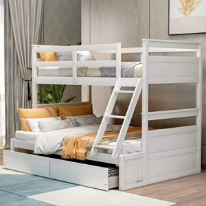 tartop bunk bed with drawers, twin over full bunk bed, solid wood bunk bed frame with ladders & 2 storage drawers, bedroom furniture,white