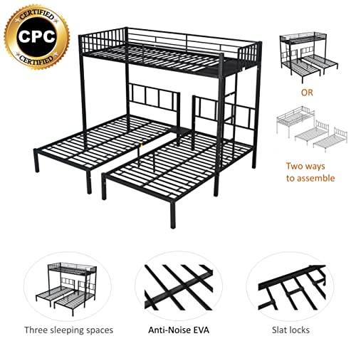 DEYOBED Full Over Twin and Twin Wooden Detachable Triple Bed Bunk Bed with 2 Drawers - Functional Sleep and Organization Setup for 3 Kids and Teens