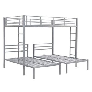 DEYOBED Full Over Twin & Twin Metal L-Shaped Triple Bed Bunk Bed with Built-in Shelf and 2 Ladders - Space-Saving and Organized Sleep Space for Kids, Teens, Adults