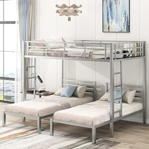 DEYOBED Full Over Twin & Twin Metal L-Shaped Triple Bed Bunk Bed with Built-in Shelf and 2 Ladders - Space-Saving and Organized Sleep Space for Kids, Teens, Adults