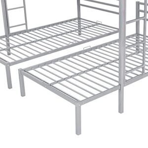 DEYOBED Full Over Twin & Twin Metal L-Shaped Triple Bed Bunk Bed with Built-in Shelf and 2 Ladders - Space-Saving and Organized Sleep Space for Kids, Teens, Adults