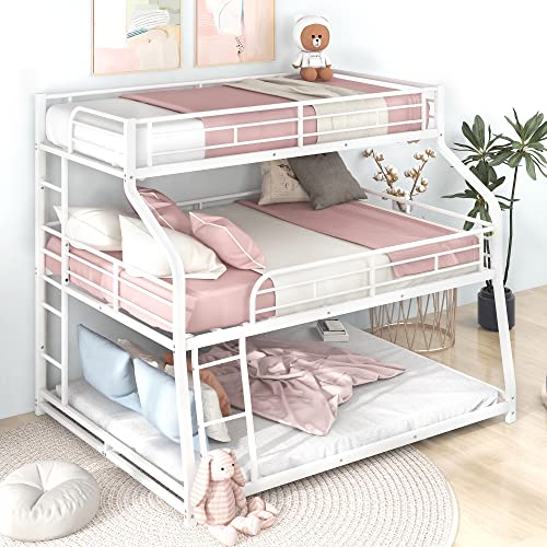 DEYOBED Twin XL Over Full XL Over Queen Metal Triple Bed Bunk Bed with Dual Ladders - Space-Saving Sleep Haven for Kids, Teens, Adults