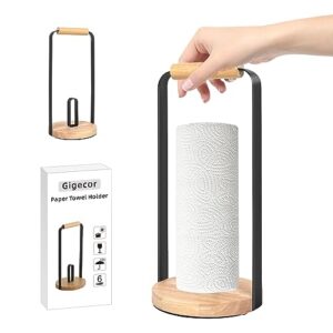 gigecor kitchen paper towel holder countertop for standard and jumbo-sized paper towels, with weighted wooden base for one-handed operation for kitchen, dining, bathroom (black)