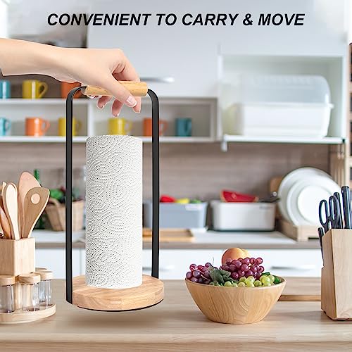 Gigecor Kitchen Paper Towel Holder Countertop for Standard and Jumbo-Sized Paper Towels, with Weighted Wooden Base for One-Handed Operation for Kitchen, Dining, Bathroom (Black)