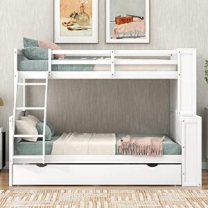 BIADNBZ Twin Over Full Bunk Bed with Trundle and Shelves Storage, Wooden Versatile Detachable BunkBed Frame for Kids Teens Adults Bedroom Dorm, White