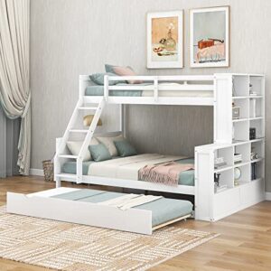 biadnbz twin over full bunk bed with trundle and shelves storage, wooden versatile detachable bunkbed frame for kids teens adults bedroom dorm, white