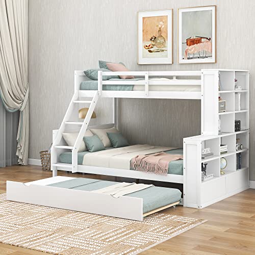 BIADNBZ Twin Over Full Bunk Bed with Trundle and Shelves Storage, Wooden Versatile Detachable BunkBed Frame for Kids Teens Adults Bedroom Dorm, White