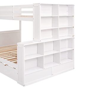 BIADNBZ Twin Over Full Bunk Bed with Trundle and Shelves Storage, Wooden Versatile Detachable BunkBed Frame for Kids Teens Adults Bedroom Dorm, White