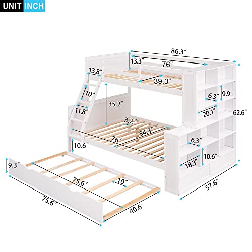 BIADNBZ Twin Over Full Bunk Bed with Trundle and Shelves Storage, Wooden Versatile Detachable BunkBed Frame for Kids Teens Adults Bedroom Dorm, White