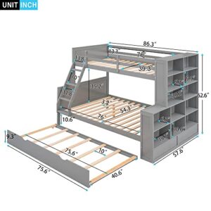 BIADNBZ Twin Over Full Bunk Bed with Trundle and Shelves Storage, Wooden Versatile Detachable BunkBed Frame for Kids Teens Adults Bedroom Dorm, Grey