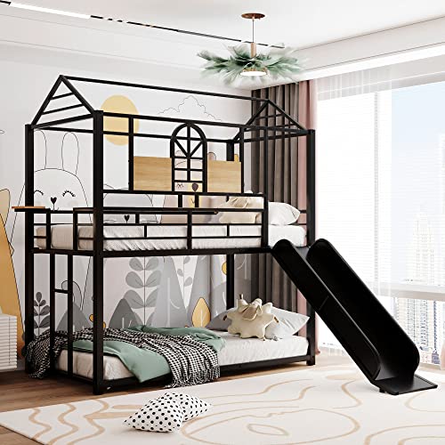 Tidyard Twin Over Twin Metal Bunk Bed,Metal Housebed with Slide,Three Colors Available.(Black with Black Slide) for Bedroom Dorm Guest Room Home Furniture