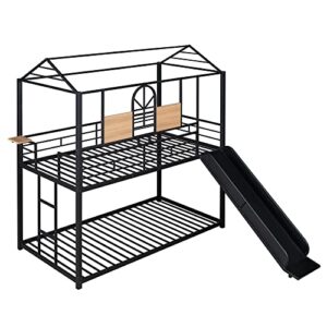 Tidyard Twin Over Twin Metal Bunk Bed,Metal Housebed with Slide,Three Colors Available.(Black with Black Slide) for Bedroom Dorm Guest Room Home Furniture