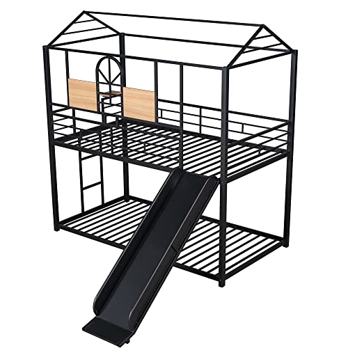 Tidyard Twin Over Twin Metal Bunk Bed,Metal Housebed with Slide,Three Colors Available.(Black with Black Slide) for Bedroom Dorm Guest Room Home Furniture