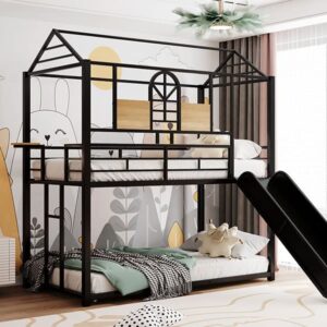 Tidyard Twin Over Twin Metal Bunk Bed,Metal Housebed with Slide,Three Colors Available.(Black with Black Slide) for Bedroom Dorm Guest Room Home Furniture