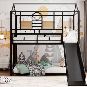 Tidyard Twin Over Twin Metal Bunk Bed,Metal Housebed with Slide,Three Colors Available.(Black with Black Slide) for Bedroom Dorm Guest Room Home Furniture