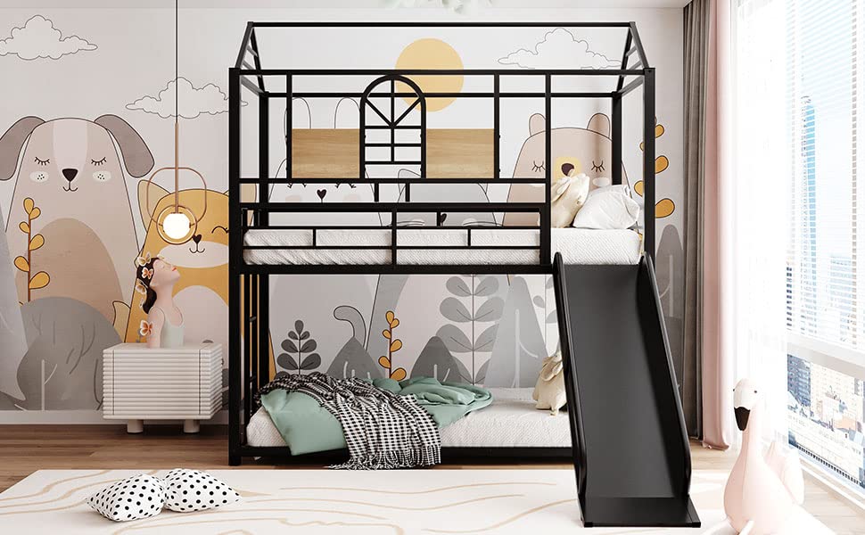 Tidyard Twin Over Twin Metal Bunk Bed,Metal Housebed with Slide,Three Colors Available.(Black with Black Slide) for Bedroom Dorm Guest Room Home Furniture
