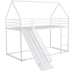 Tidyard Twin Over Twin House Bunk Bed with Ladder and Slide,White for Bedroom Dorm Guest Room Home Furniture