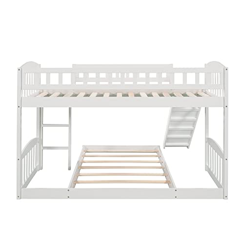 Tidyard Twin Over Twin Bunk Bed with Slide and Ladder, Wood Bed White for Bedroom Dorm Guest Room Home Furniture