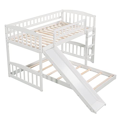 Tidyard Twin Over Twin Bunk Bed with Slide and Ladder, Wood Bed White for Bedroom Dorm Guest Room Home Furniture